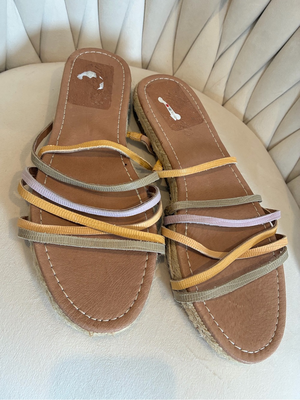 Madewell Brown Leather Slide Sandals with Yellow and Taupe Straps